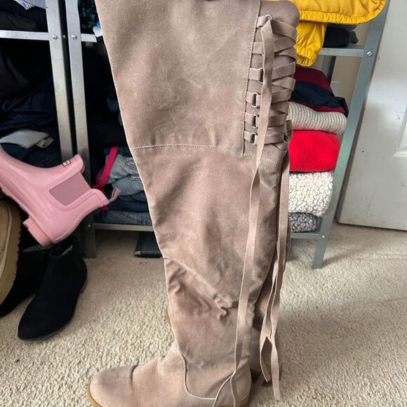 Womens thigh high boots tie up back with zipper size 7.5 - Picture 2 of 3